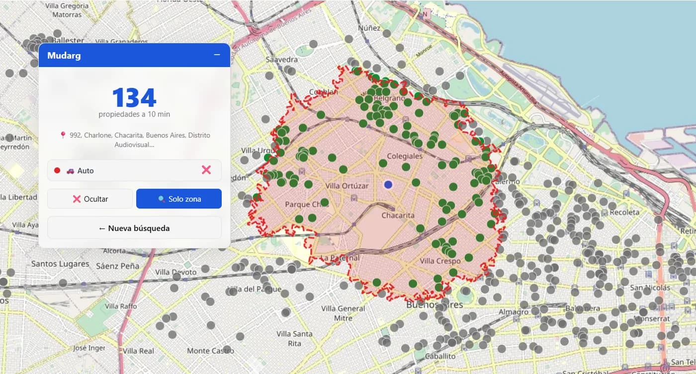 134 properties within 10 minutes by car, the rest greyed out