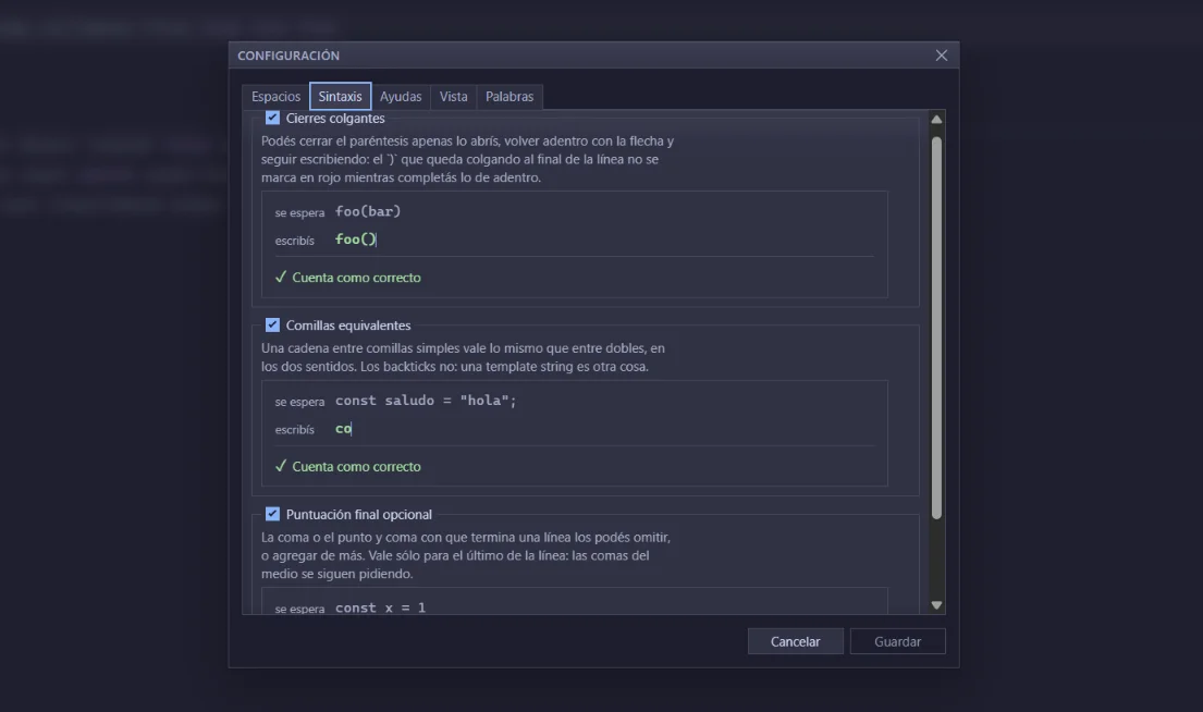 Modal de ajustes: cada switch corre el motor real sobre un ejemplo