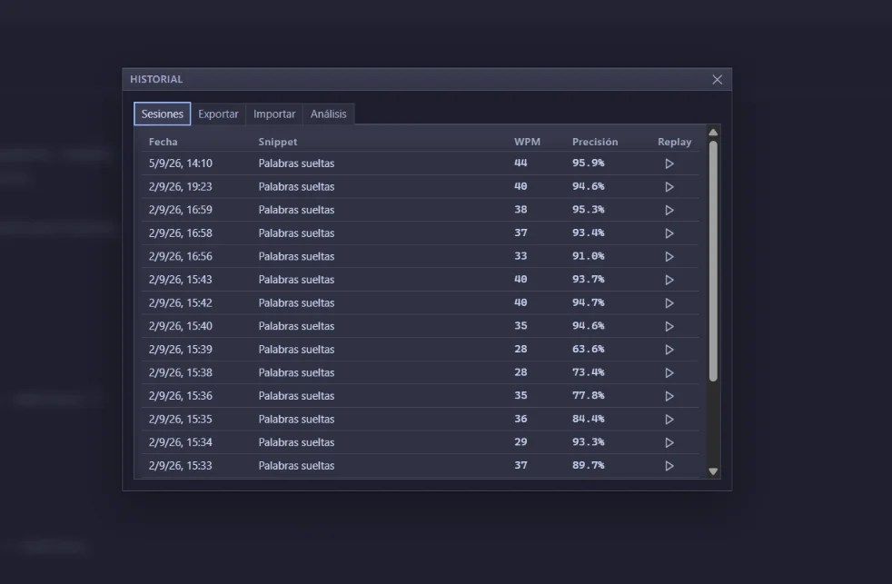 Historial local con ranking por tecla y bigrama