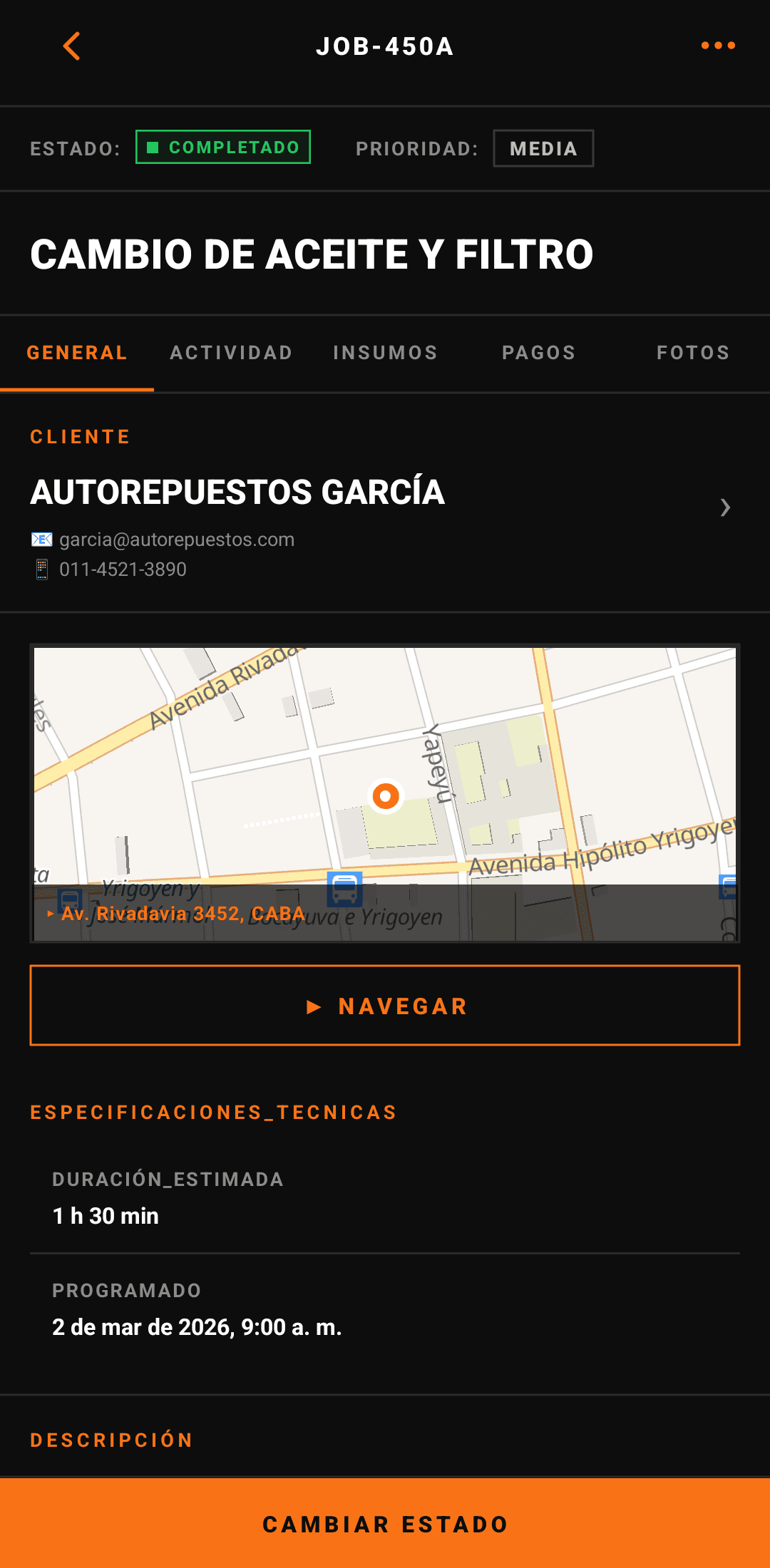 Detalle del trabajo — vista completa de la orden