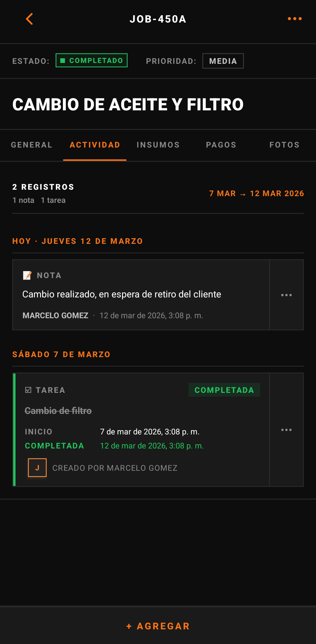 Feed de actividades — reporte en tiempo real desde el campo