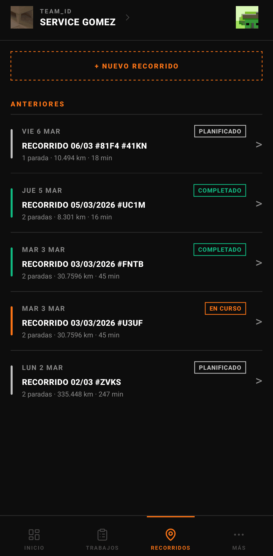Panel de rutas — planificación multi-parada